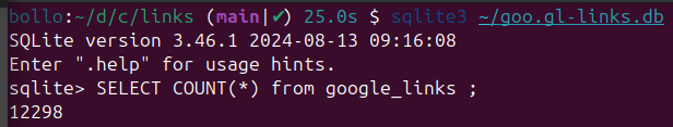SQLite terminal showing query result: SELECT COUNT(*) from google_links; returning 12298 rescued links